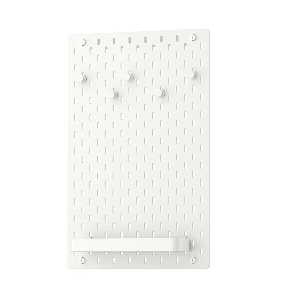 SKÅDIS white pegboard organiser with various metal hooks. Square shape, functional design for home organisation.