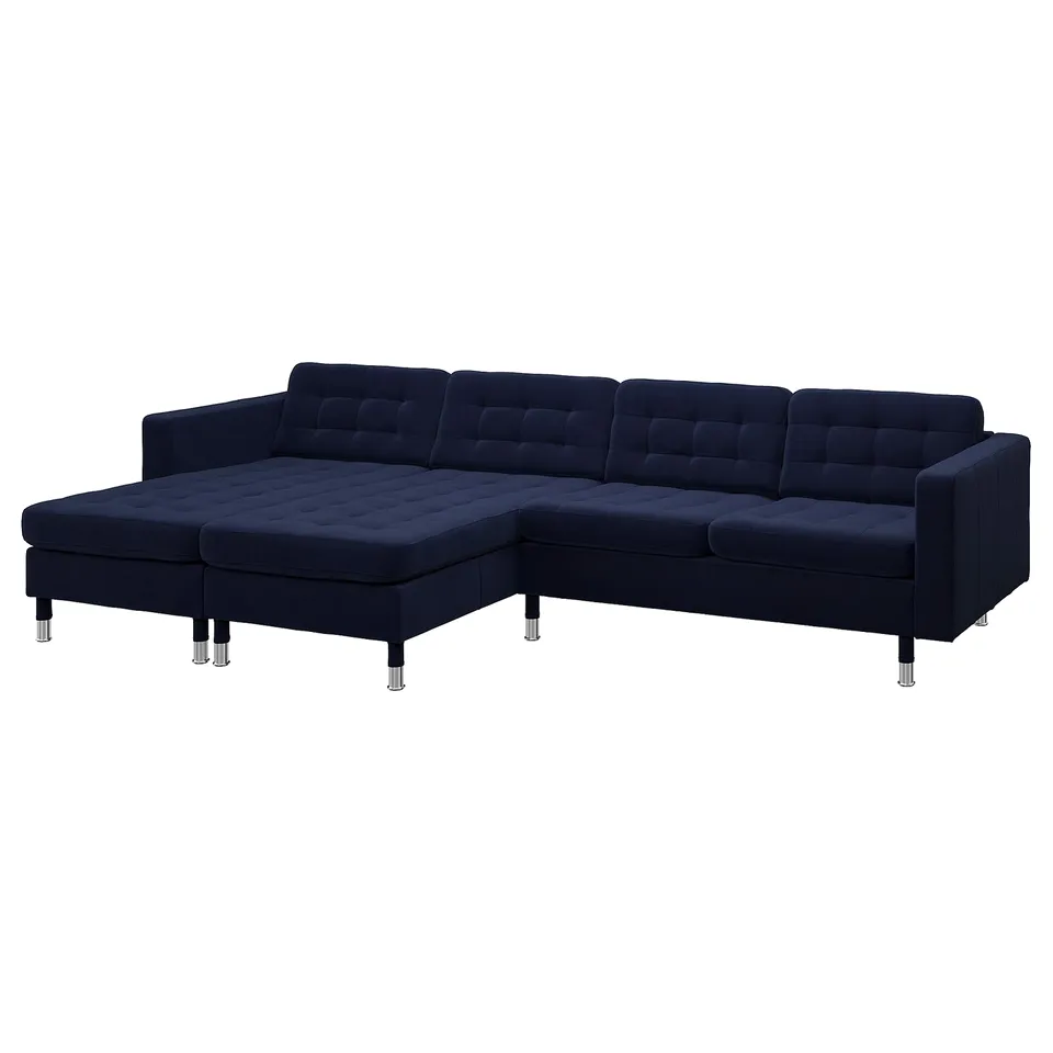 Blue l-shaped sofa, modern design, tufted cushions, chrome legs.