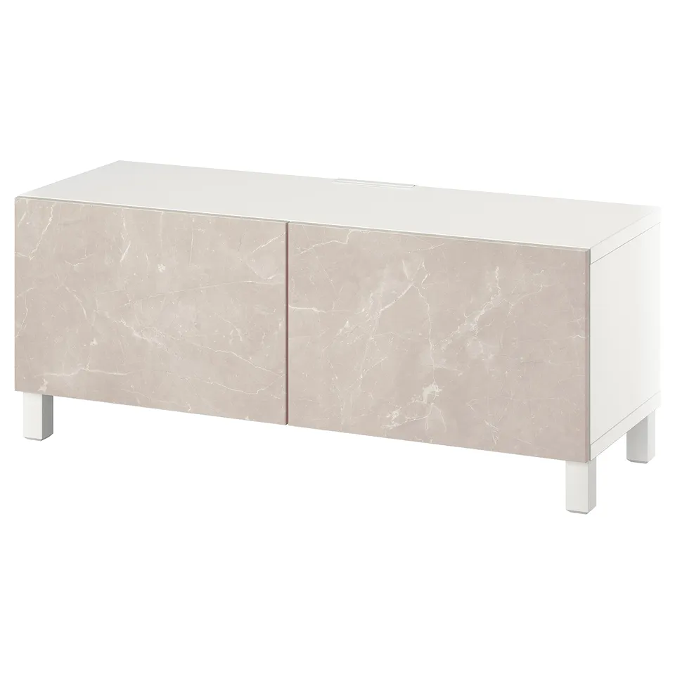 Ikea BESTÅ tv bench, white marble effect panel, minimalist design.