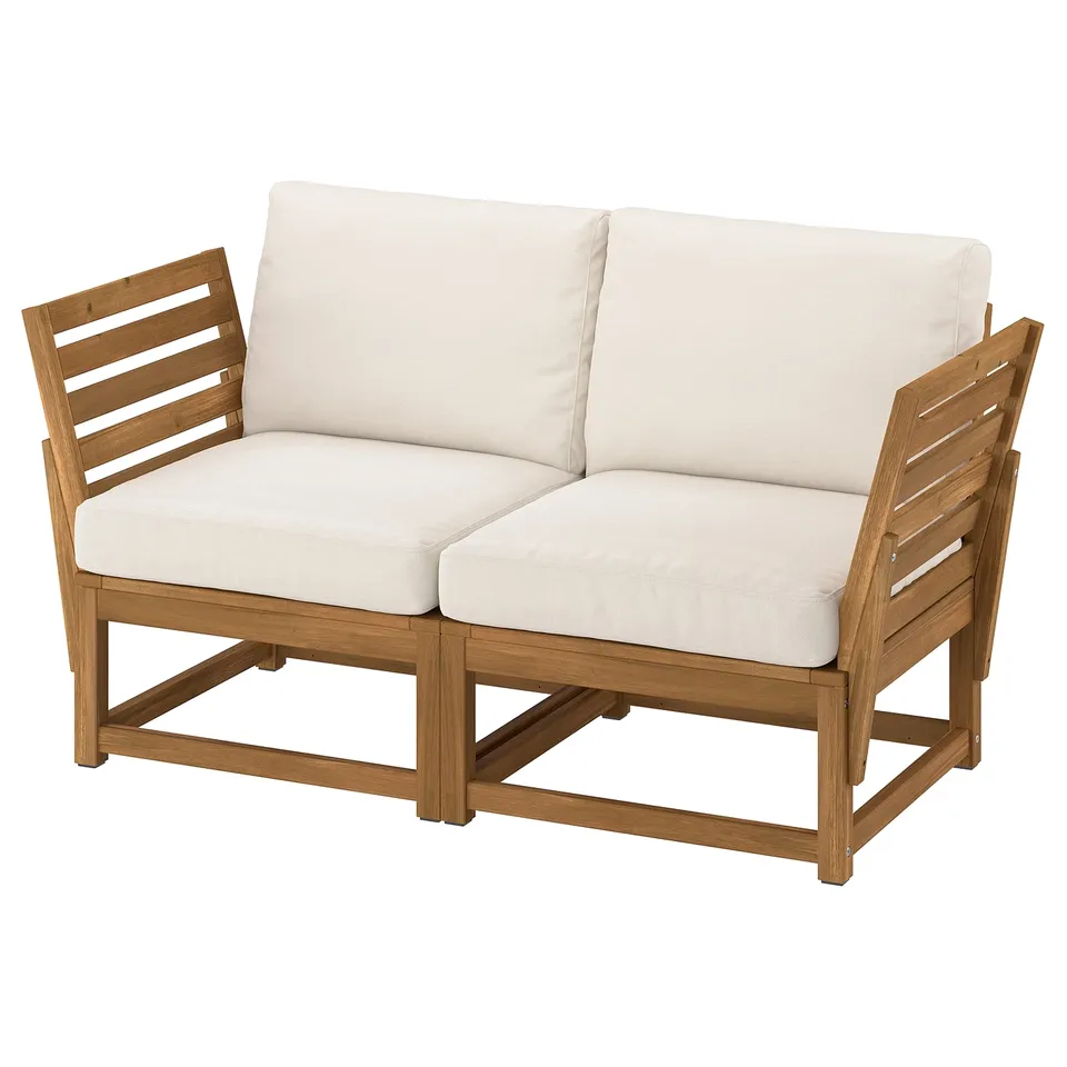 Ikea nammaro outdoor loveseat, white cushions, wooden frame.