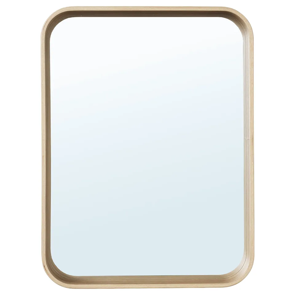 A rectangular mirror named DVÄRGSYREN with a light oak frame, designed to hang vertically or horizontally, featuring a shelf for storage.