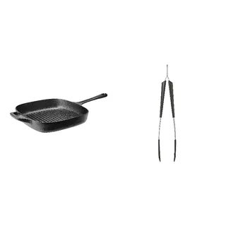pan + cooking tweezers set: grill pan + cooking tweezers, cast iron + stainless steel/black, 28x28 cm