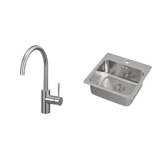 LÅNGUDDEN/SALLSJÖN set: kitchen mixer tap single side lever + inset sink, 1 bowl, stainless steel colour + stainless steel, Height 358 mm
