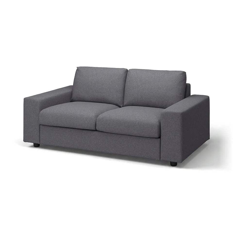 Modern grey sofa, minimalist design, square cushions, sturdy wood & foam.