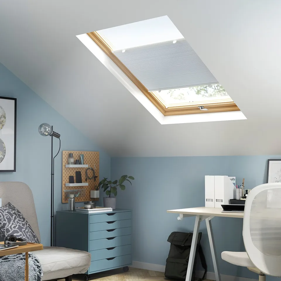 Home office with large skylight & pleated blind, blue walls. Desk, chair, plant, pegboard.