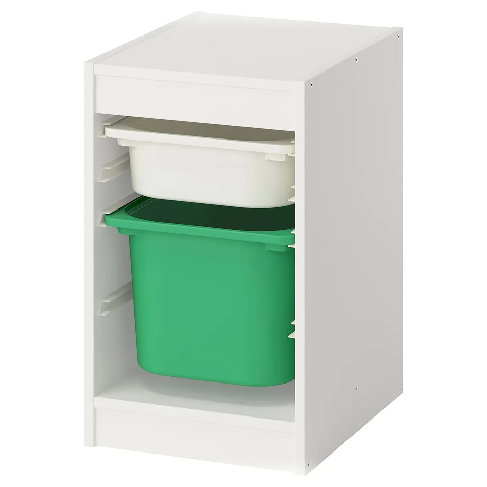 TROFAST: white storage unit with green and white bins, organised for kids.