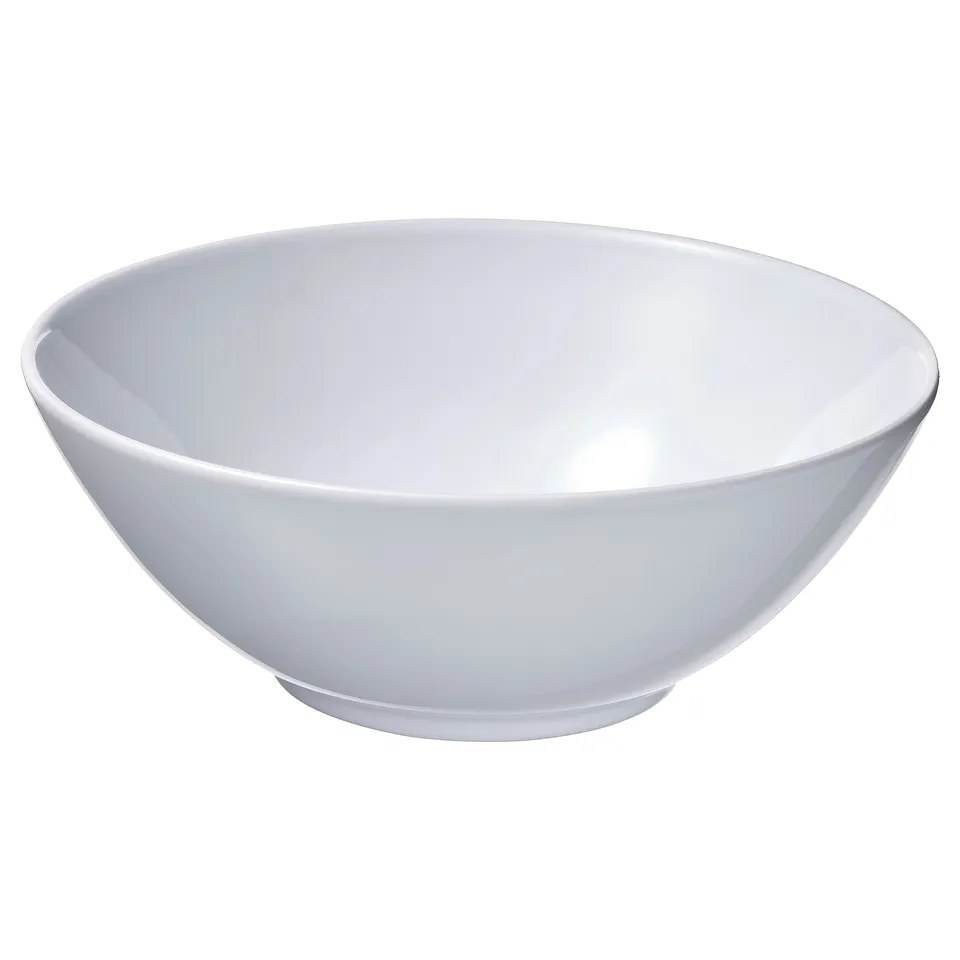 A white, round, and empty GODMIDDAG bowl made of stoneware, designed for versatile use.
