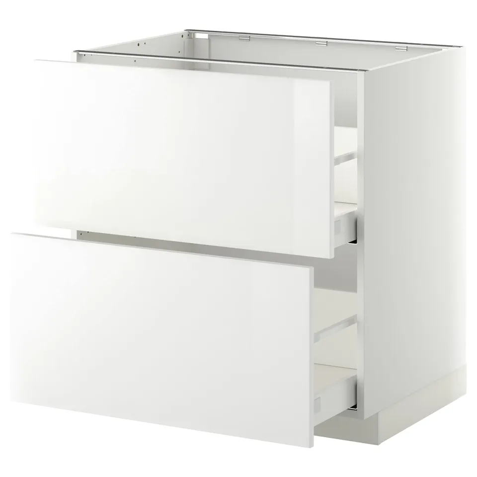 White METOD kitchen unit, sleek and modern, with two drawers and glossy finish.
