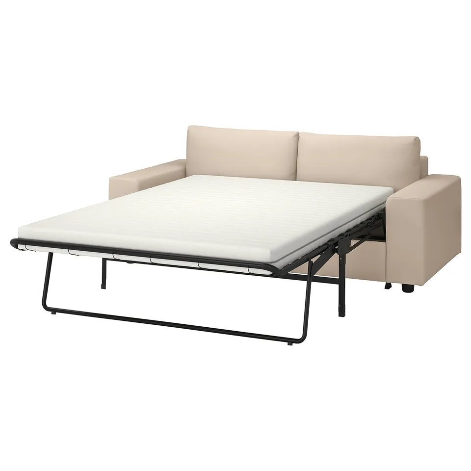 VIMLE beige sofa-bed, modern minimalist design. Cream upholstery, metal base. Convertible with thick mattress.