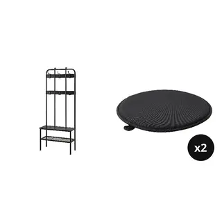 NIPÅSEN/ÄNGSFRÄKEN set: coat rack and bench w shoe storage + chair pad x2, black + black/in/outdoor, 190x35x79 cm