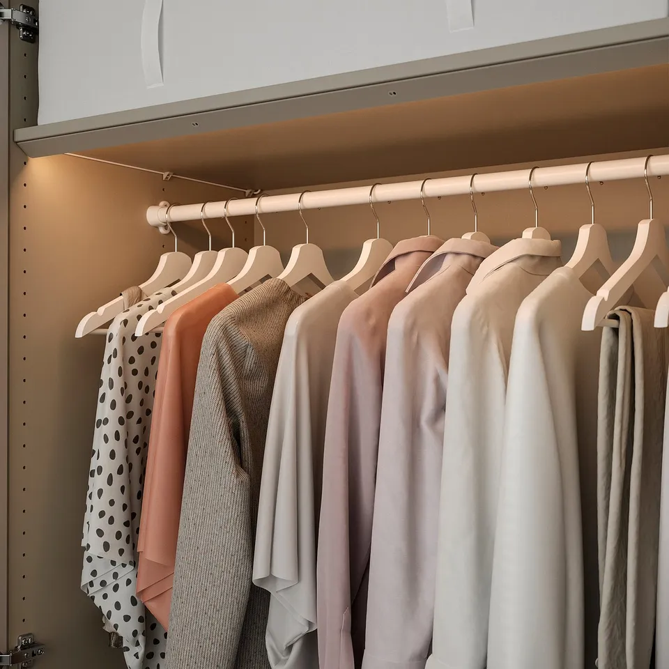 A closet with led wardrobe lights illuminating clothes on hangers, enabling easy viewing in dim conditions.