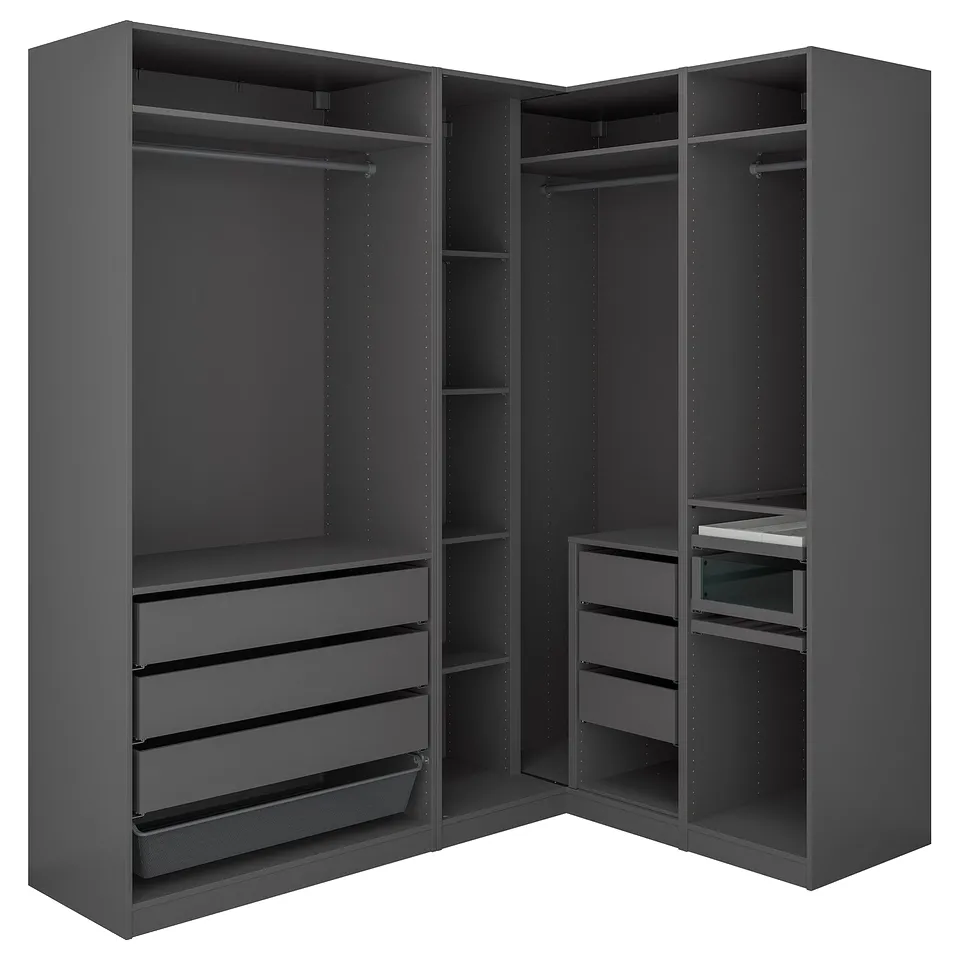 A grey corner wardrobe set, PAX, with shelves, drawers, and hangers for clothes storage.