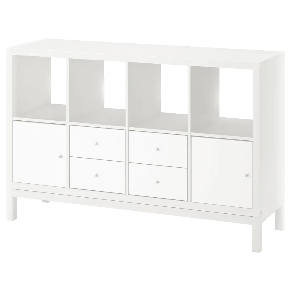 A white KALLAX shelving unit with both drawers and cabinets, featuring an airy underframe design.