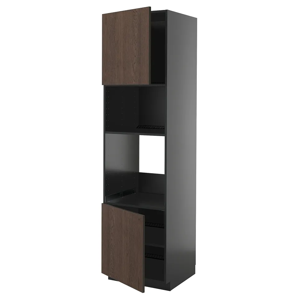 METOD kitchen cabinet, dark grey with brown wood doors, open shelf, closed lower compartment.