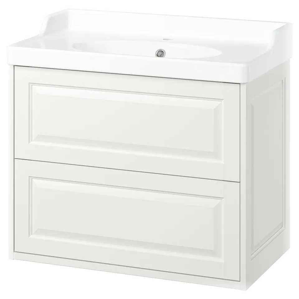 TÄNNFORSEN white bathroom vanity, classic design with bevelled edges, two spacious drawers, and ceramic sink.
