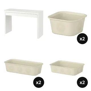 MALM/NOJIG set: dressing table + organiser x2 + organiser x2 + organiser x2, white + plastic/beige, 120x41 cm