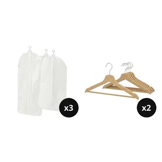 BUMERANG/SKUBB set: clothes cover, set of 3 x3 + hanger x2, white + natural