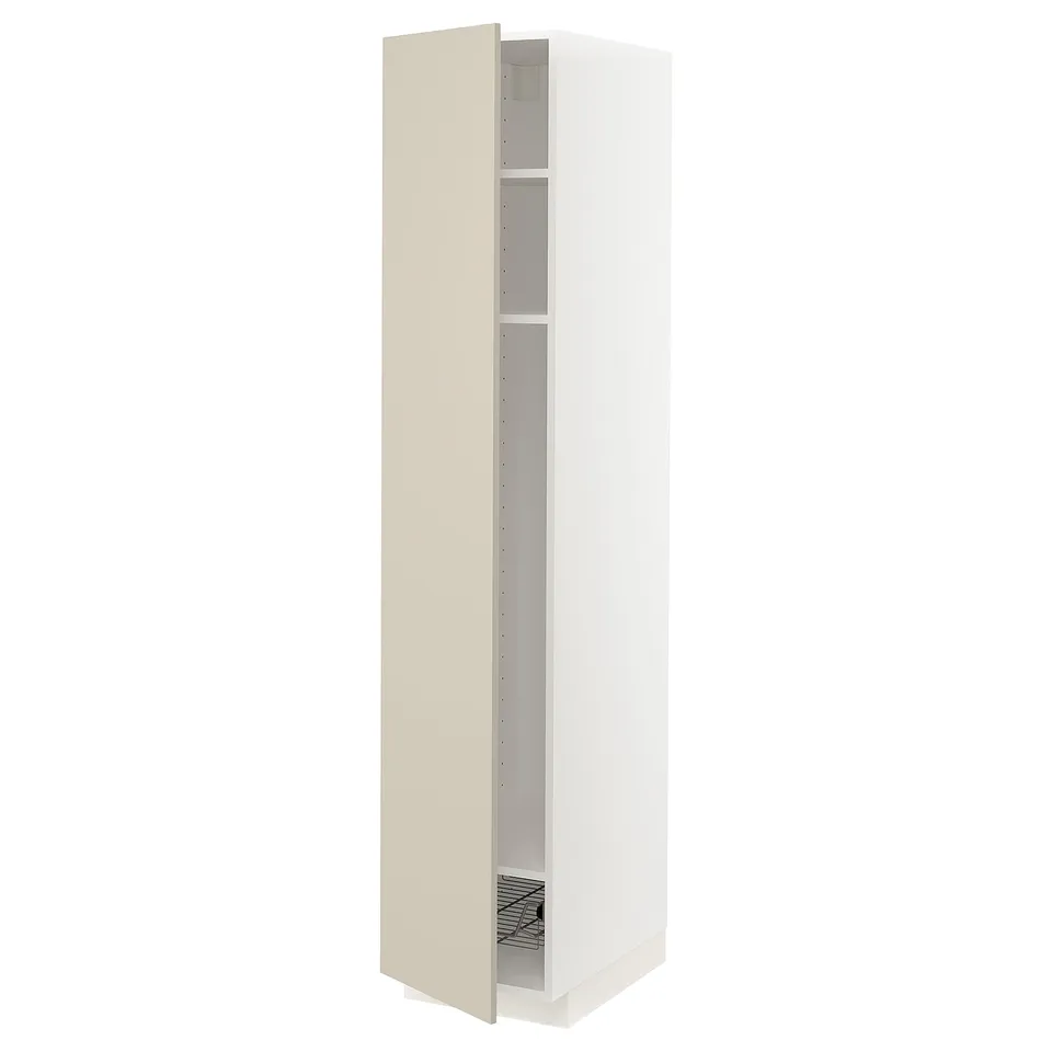 A beige METOD tall kitchen cabinet with an open door, displaying adjustable shelves and a wire basket.