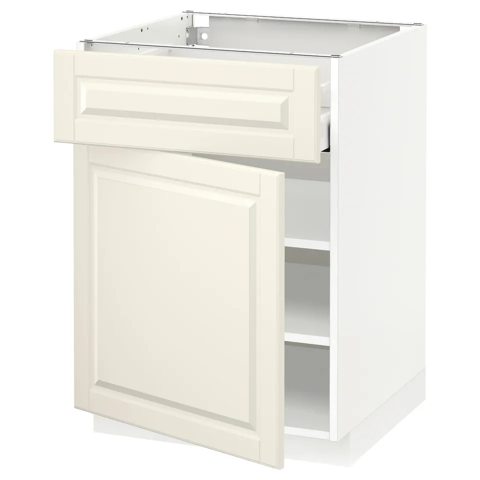 METOD kitchen cabinet in off-white with bevelled edges, white finish, square shape, adjustable shelves, and soft-closing drawer.