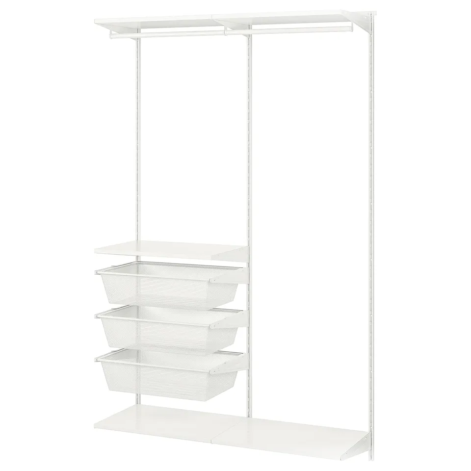 BOAXEL white wall storage: 4 shelves, 3 mesh baskets, metal brackets.