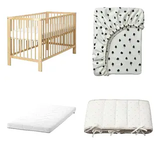 GRÖNFINK/GULLIVER/KRUMMELUR/LENAST set: cot + fitted sheet for cot + foam mattress for cot + bumper pad, birch + white/tree pattern + dotted/white grey, Length 124 x Width 66 x Height 80 cm