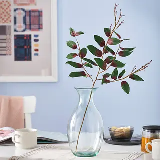 BERGKÖRSBÄR/GULDSPETT set: artificial flower + vase, paper/eucalyptus green + glass/green, 50 cm