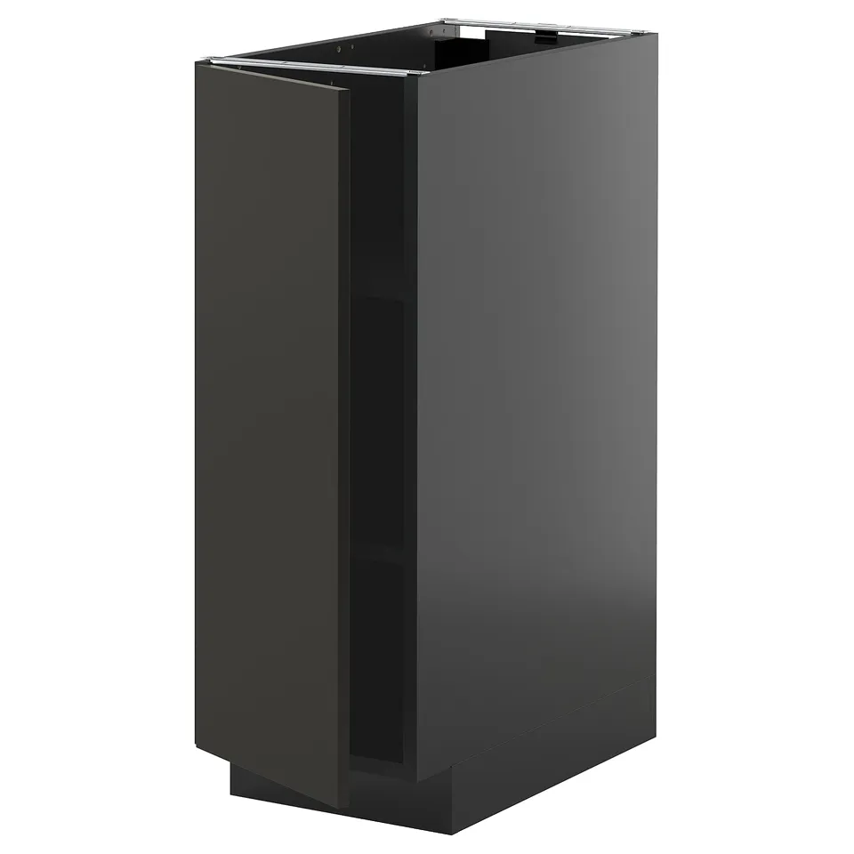 High gloss black kitchen cabinet, tall, rectangular, modern design, no handles, one door.