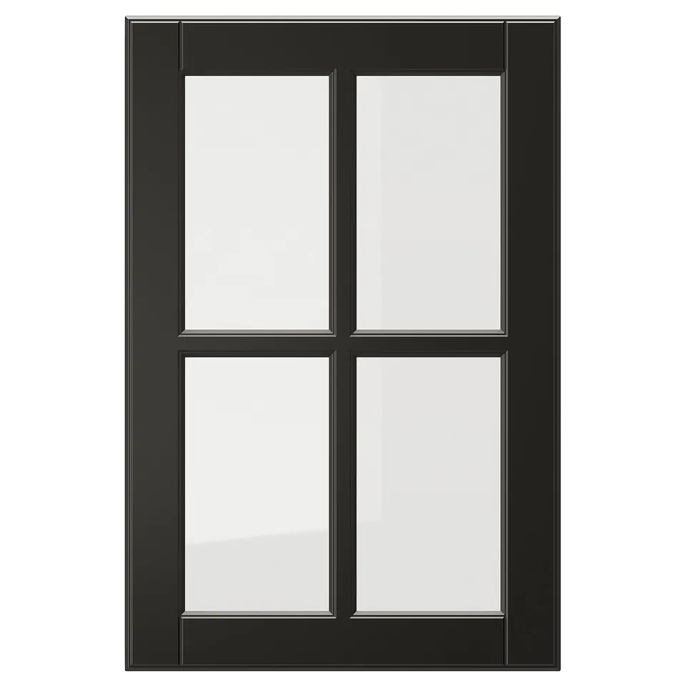 Black BODBYN glass door with dark aesthetic, bevelled frame, and tempered glass. Classic, sophisticated design, perfect for kitchen.