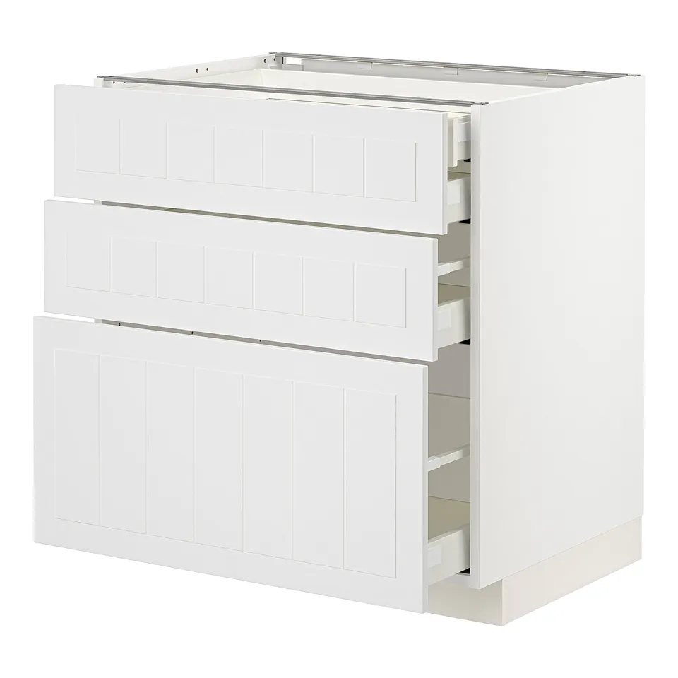 METOD white kitchen cabinet with three drawers, crafted look, sturdy, self-closing drawers.