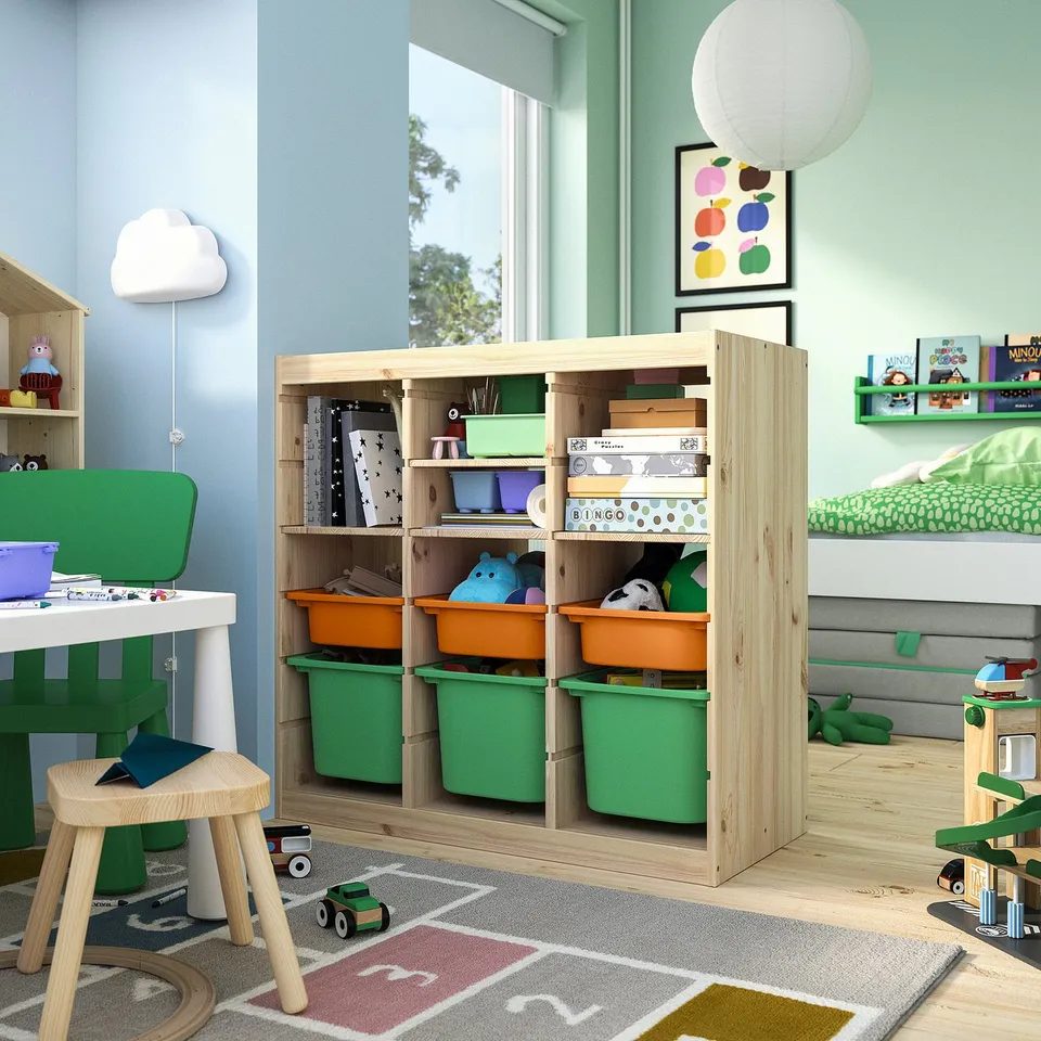 TROFAST Storage combination, with shelves/boxes room divider/light white stained pine light orange bright green, 93x44x91 cm