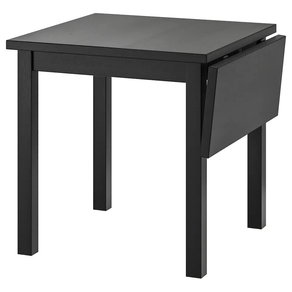 Black drop-leaf table, minimalist design, sturdy construction, square top.