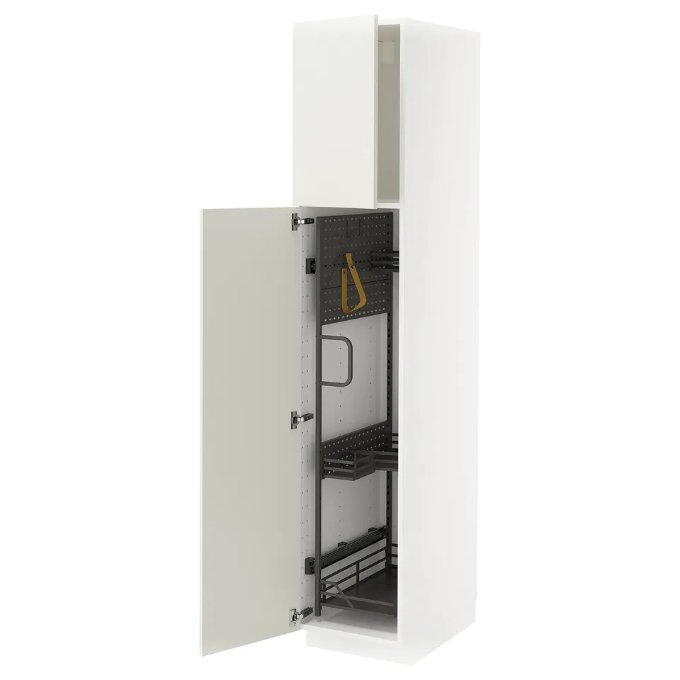 White METOD kitchen cabinet with pull-out organisers and open door.