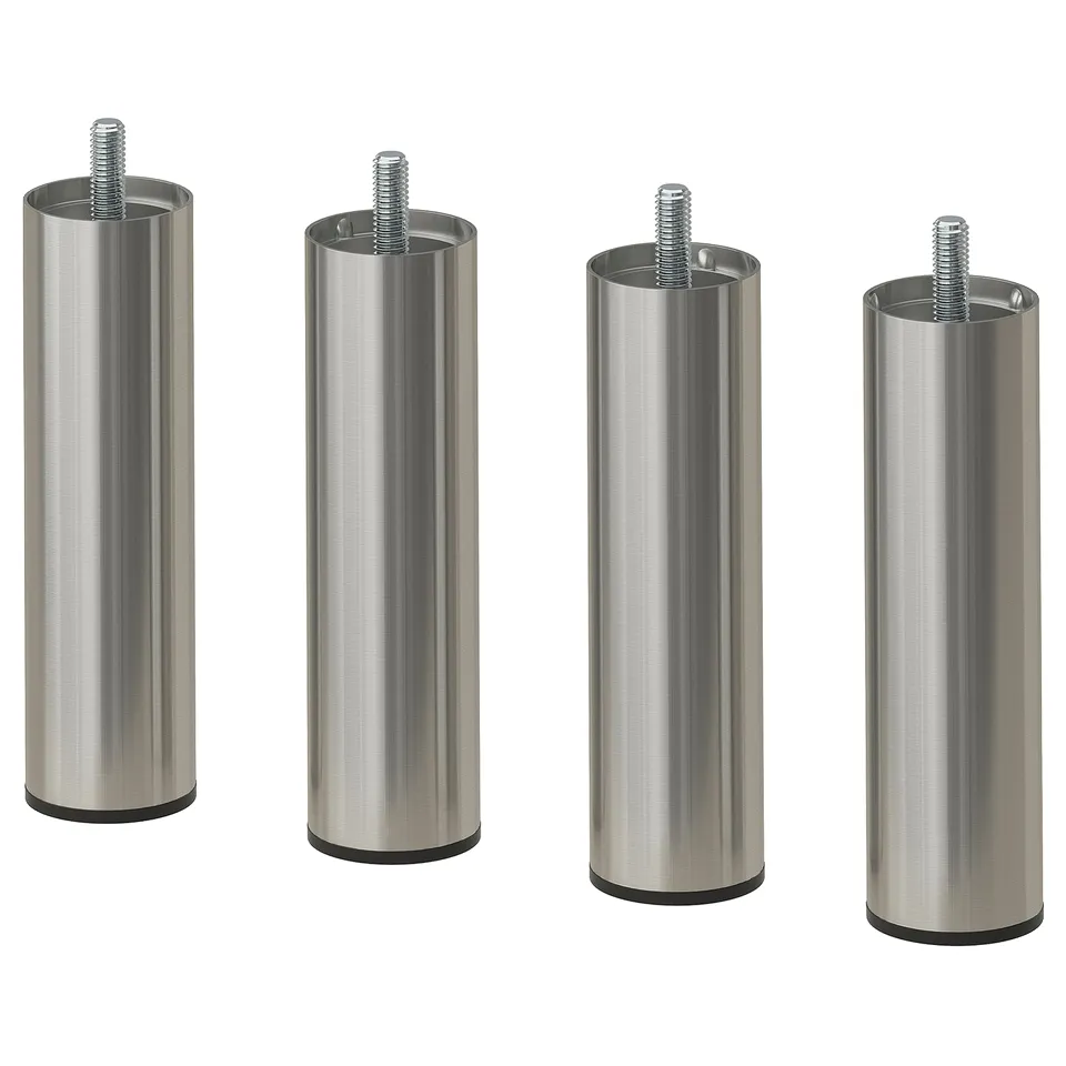 Four stainless steel legs with screws, sleek and cylindrical, designed for furniture, laid out uniformly.