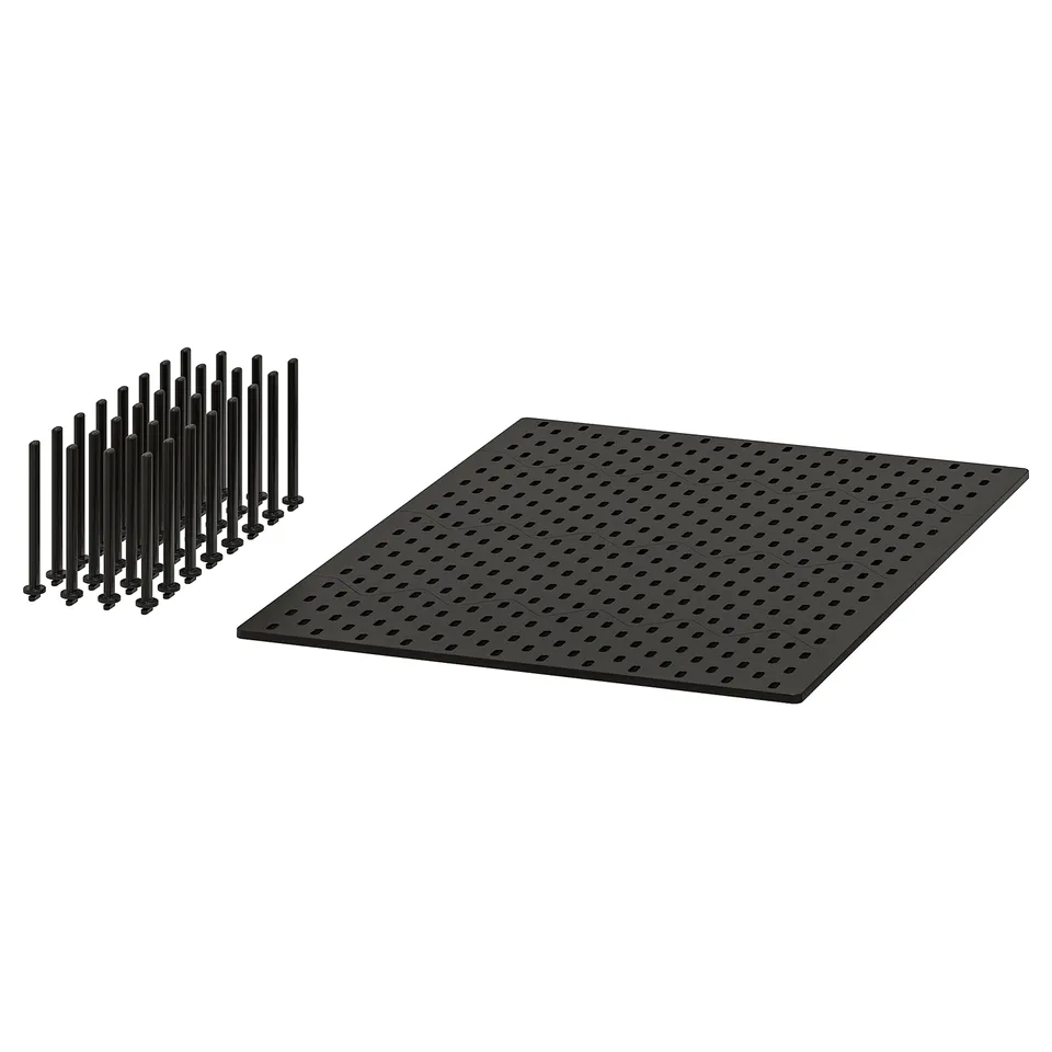 Black pegboard kit with 32 pegs, for organising drawers. Abs plastic, square holes, rectangular shape.