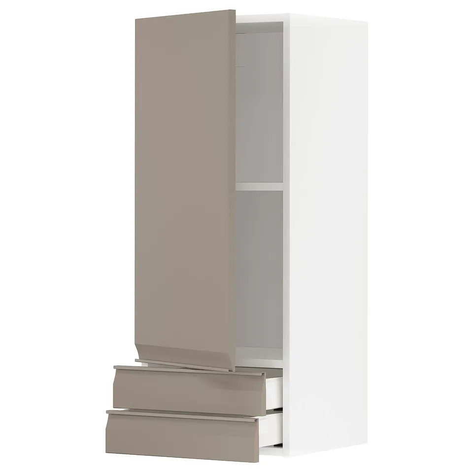 Modern kitchen unit: METOD. Light grey-beige door. Tall cabinet with shelves and drawer. Smooth edges and aluminium handles.
