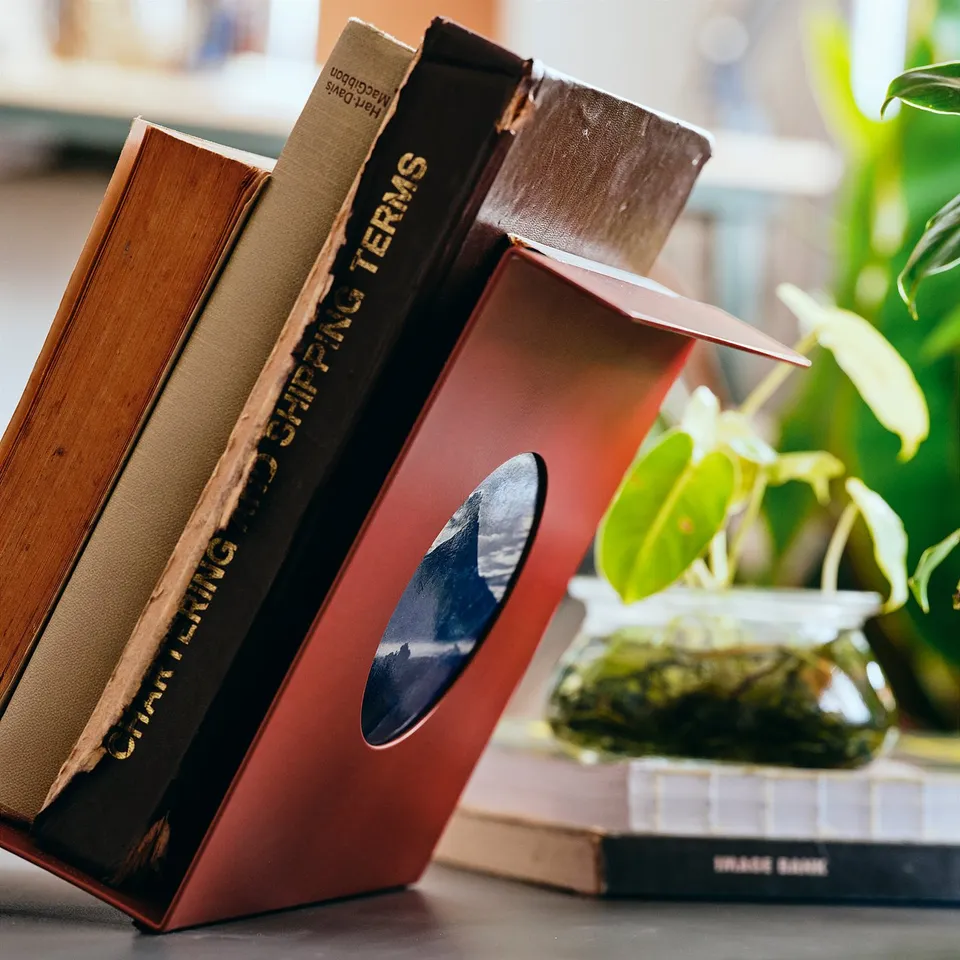 Stack of books with a red, metallic holder labelled KOMPISHÄNG. A small potted plant sits on top of one book.