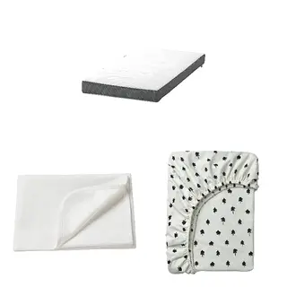 DRÖMMANDE/GRÖNFINK/LEN set: pocket spring mattress for cot + mattress protector + fitted sheet for cot, white + white/tree pattern, 60x120x11 cm