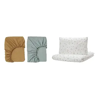 GULDVÄVARE set: fitted sheet for cot + duvet cover 1 pillowcase for cot, dark yellow/blue + white/floral pattern, 60x120 cm