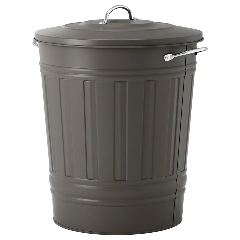 A KNODD grey metal bin with a lid and handles, designed for waste or storage.