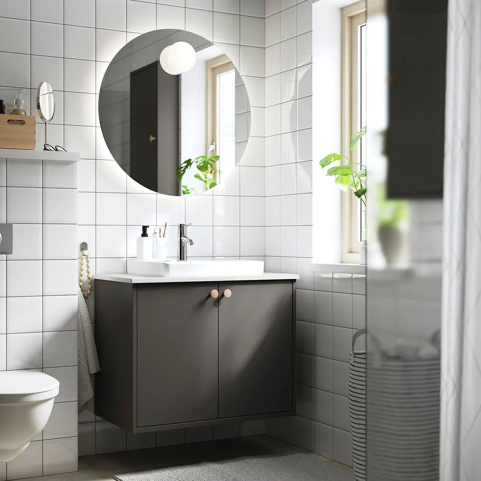 HAVBÄCK / ORRSJÖN Wash-stnd w doors/wash-basin, dark grey/white marble effect, 82x49x71 cm