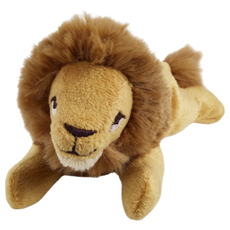 Soft yellow lion cuddly toy, lying, friendly face, made from recycled polyester.