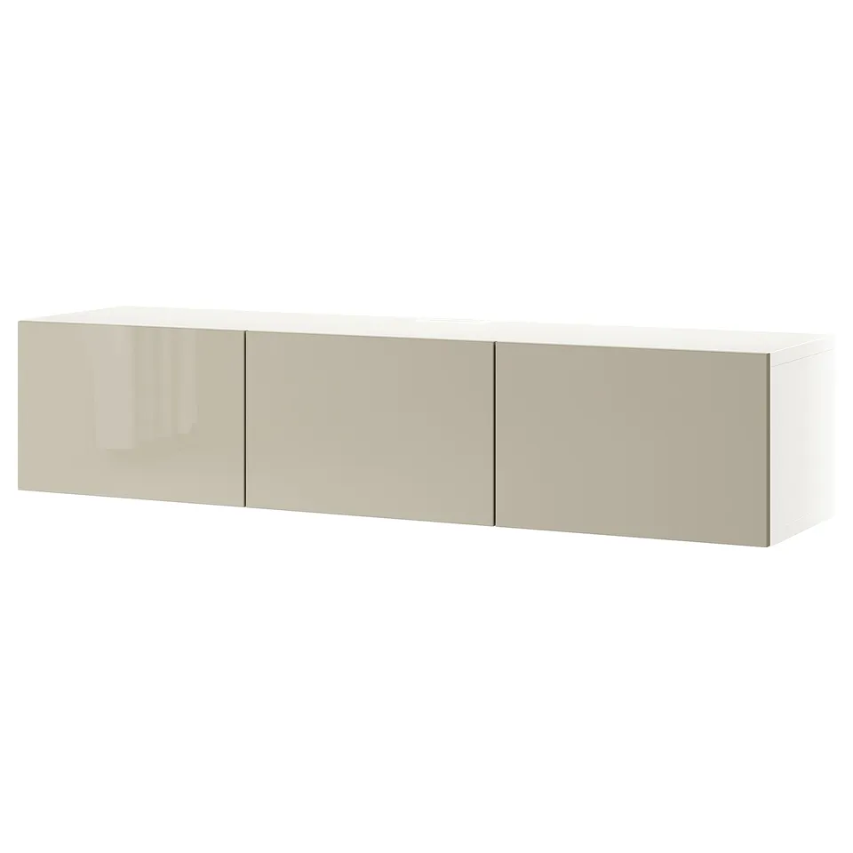 Ikea BESTÅ white tv bench with beige doors, rectangular, modern.