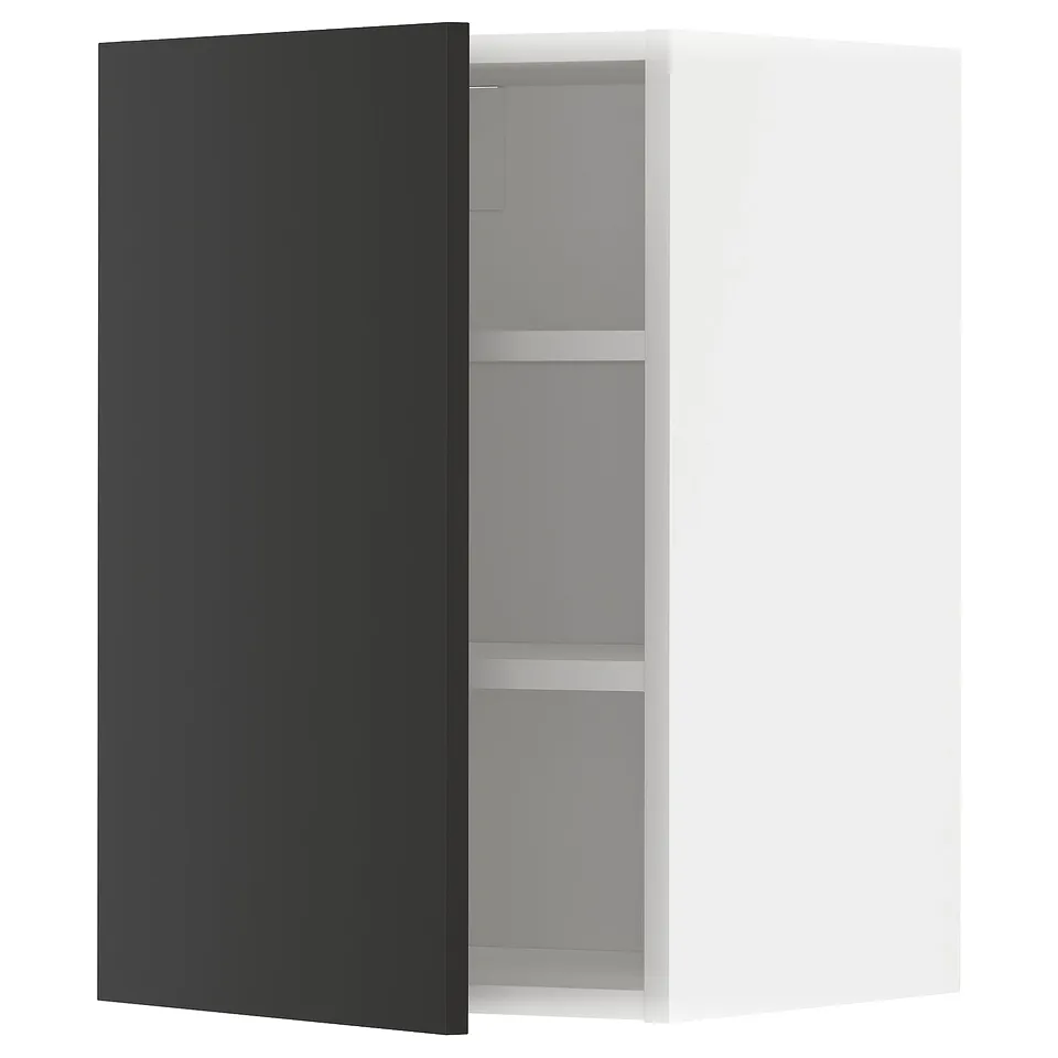 Modern black METOD kitchen cabinet with white interior shelves.