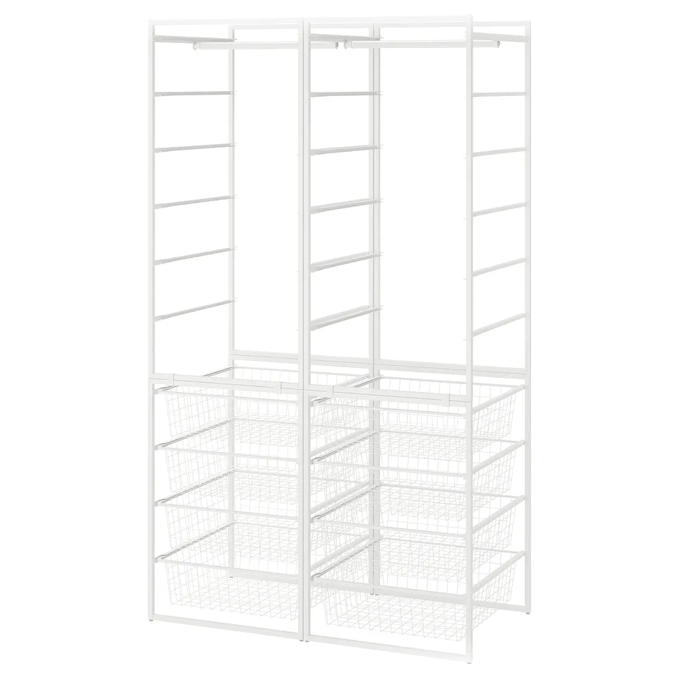 A white JONAXEL storage system featuring multiple shelves and wire baskets for organising items efficiently.