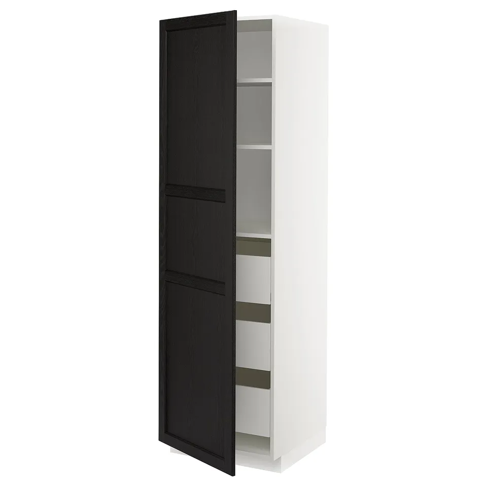 METOD kitchen cabinet in white with black doors. Tall, rectangular, traditional design.