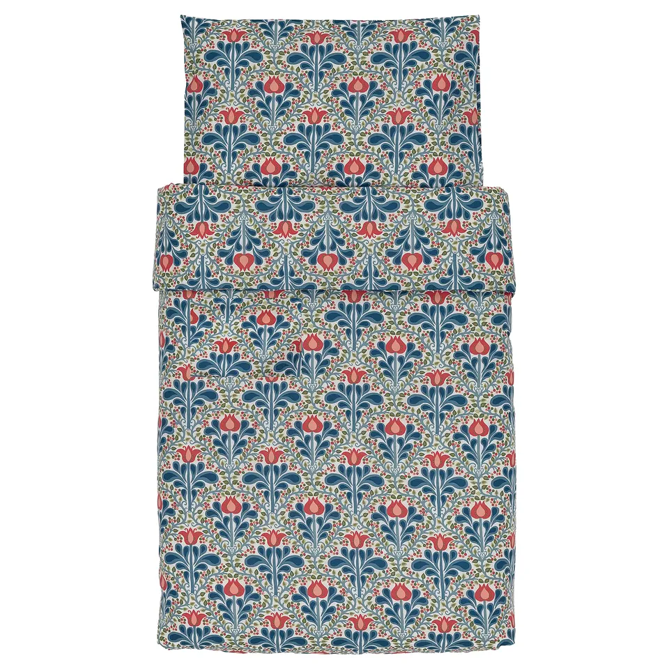 SÄTERVIDE Duvet cover 1 pillowcase for cot, white blue/floral pattern, 110x125/35x55 cm