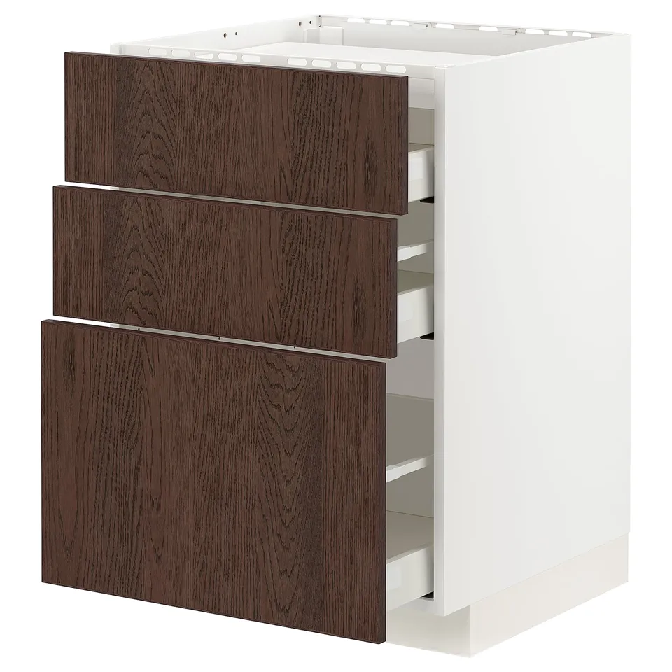 Modern METOD kitchen unit with dark brown sinarp drawers and solid wood edges, white frame.