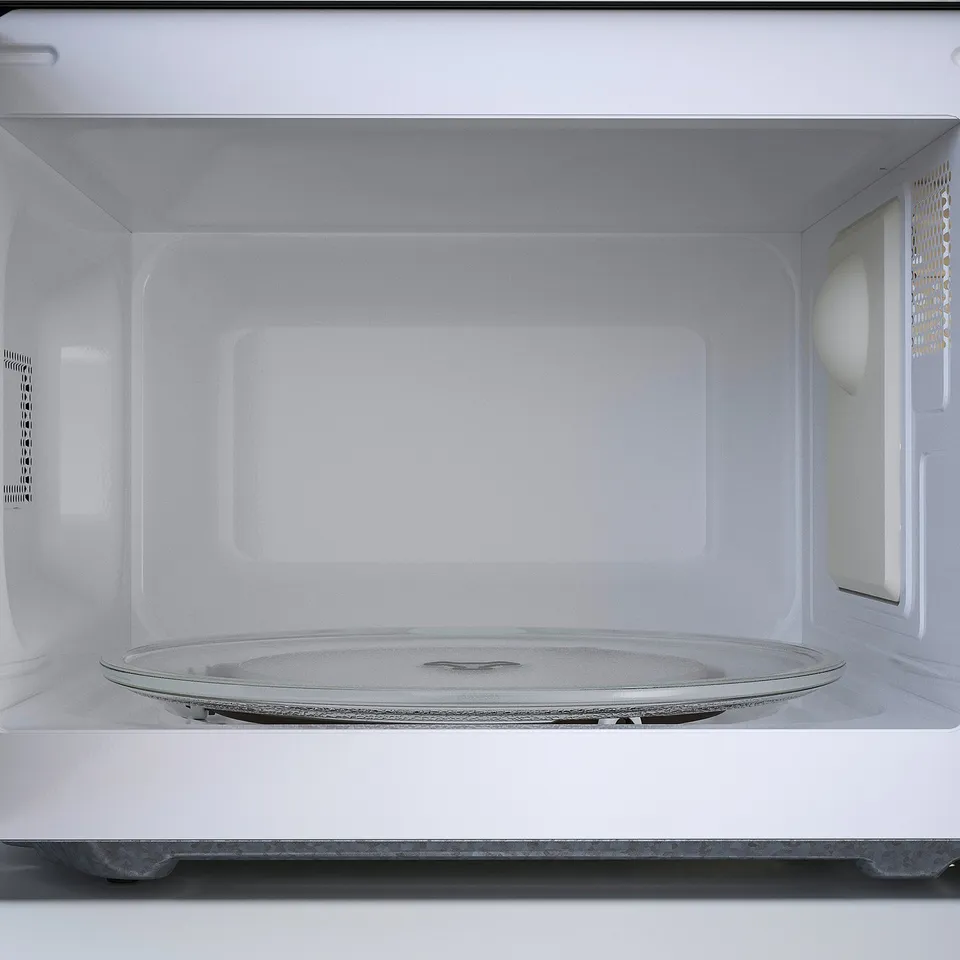 Empty microwave oven with a rotating turntable inside, placed centrally at the bottom. Simple, clean design for easy use and compact space savings.