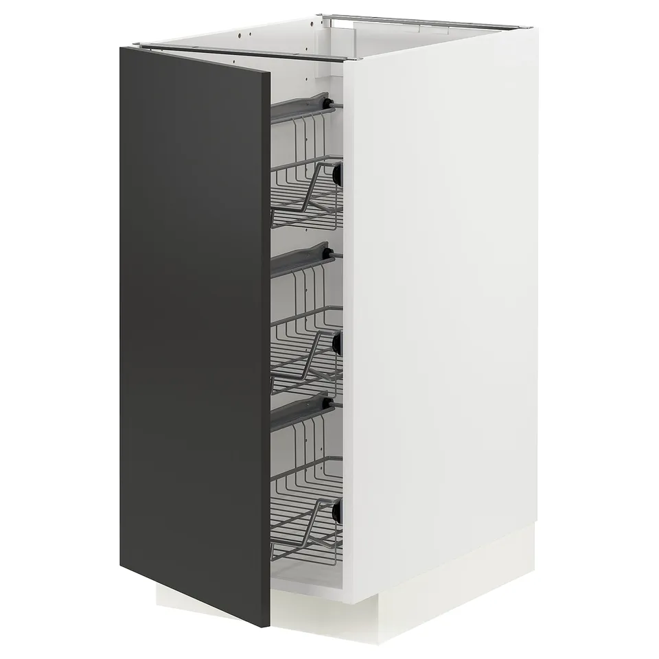 A modern kitchen cabinet, the METOD, in white with a black door. It multiple wire drawers for storage.
