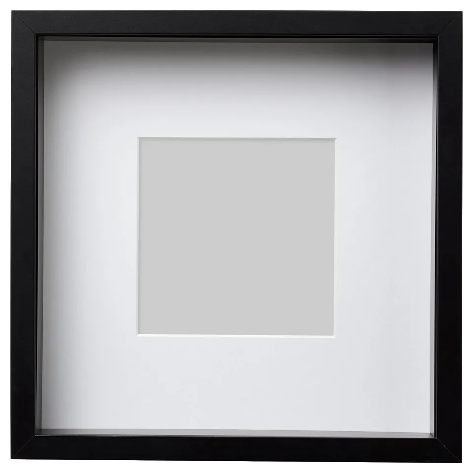 Black square picture frame with white mat, modern design, suitable for wall or table display.